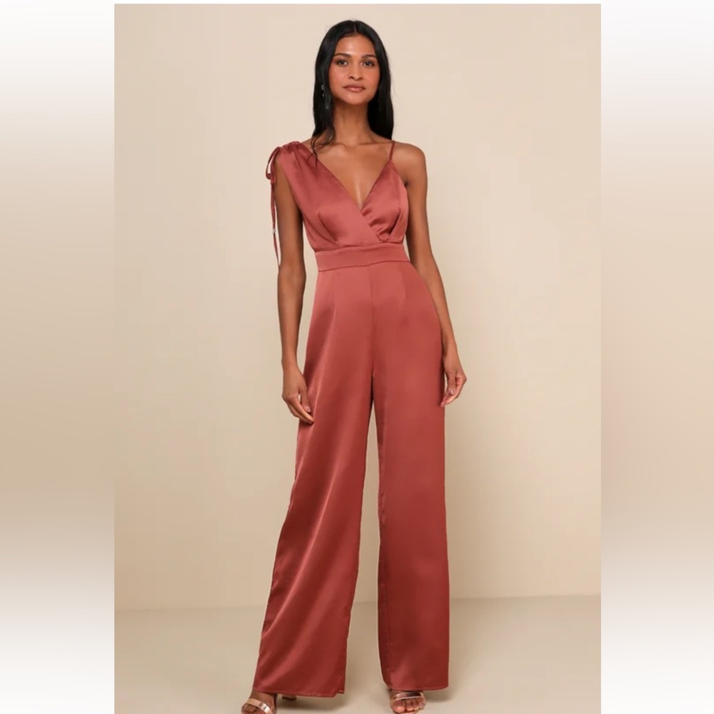 Lulus - Look of Luxe Rusty Rose Satin Asymmetrical Wide-Leg Jumpsuit